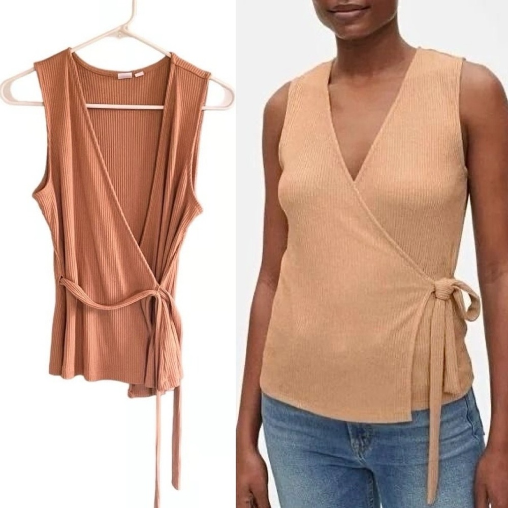 Softspun NWT Gap Rib Knit Sleeveless Wrap Blouse Womens Large Tan V-Neck